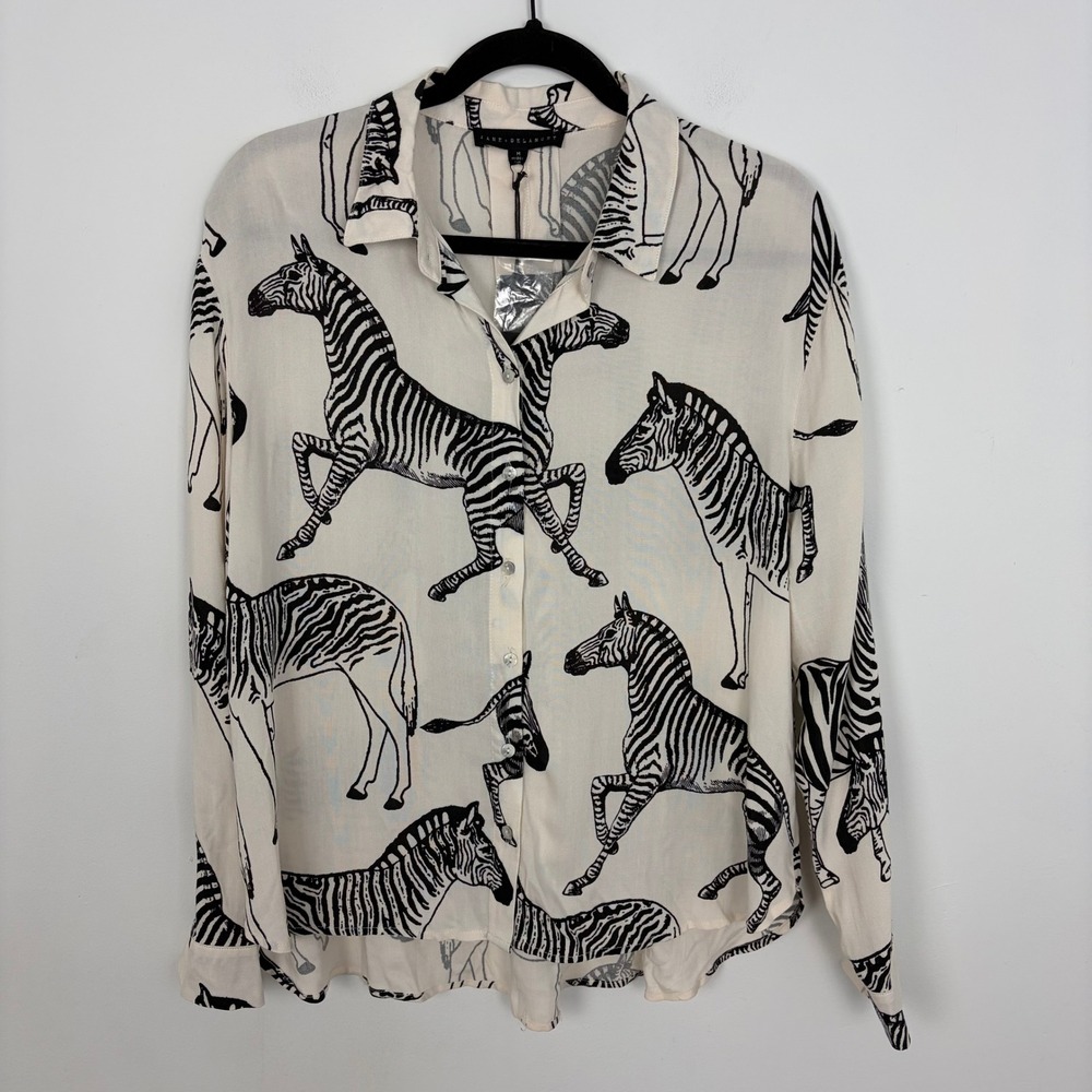 Jane + Delancey Zebra Print Button Down Long Sleeve Blouse Cream Black Size M